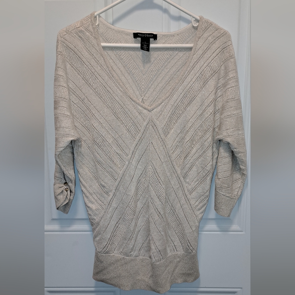 WHBM Gold Thread Cream Mix Tunic Sweater Top,  V neck with 3/4 sleeves, Size LG